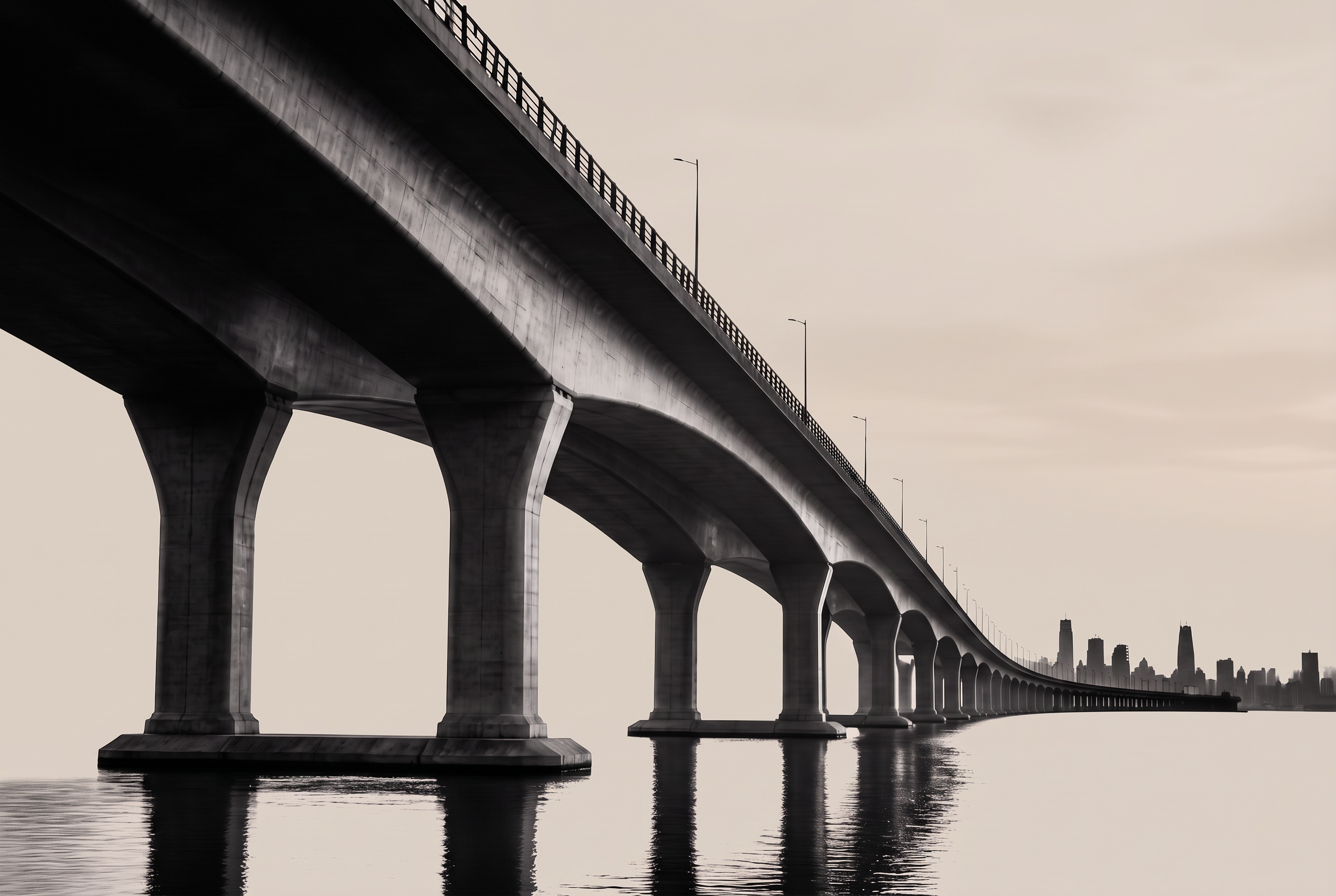 Long concrete bridge viaduct crossing an estuary at dawn